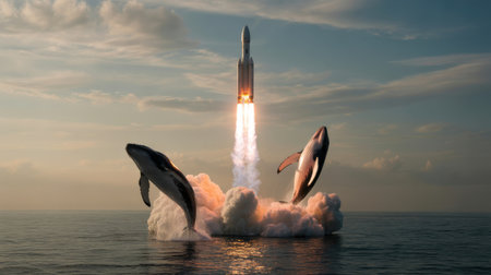 Whales Leap from Ocean as Rocket Launches into the Skyの素材