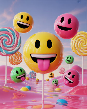 A vibrant 3D render depicts a surreal landscape filled with floating colorful smiley face emojis and swirling lollipops against a soft blue sky.の素材