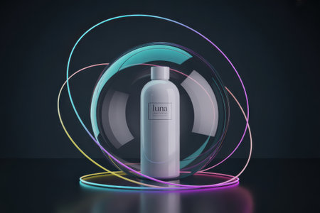 A white bottle with a label sits inside a clear sphere surrounded by colorful neon rings against a dark background.の素材