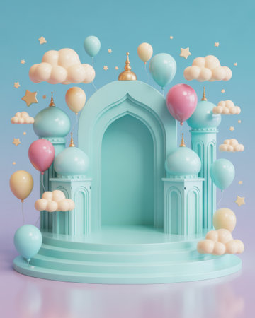 A whimsical 3d render features a pastel blue-green mosque podium surrounded by soft clouds, balloons, and stars.の素材