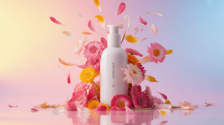 A white pump bottle is nestled amongst vibrant pink yellow and orange flowers and scattered petals against a soft pastel gradient background.の素材