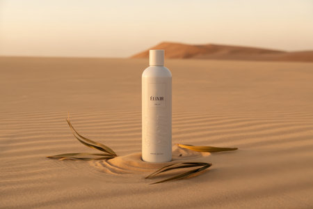 A white cosmetic bottle labeled Elixir stands on rippled sand dunes with dry leaves. Warm sunset light casts long shadows.の素材