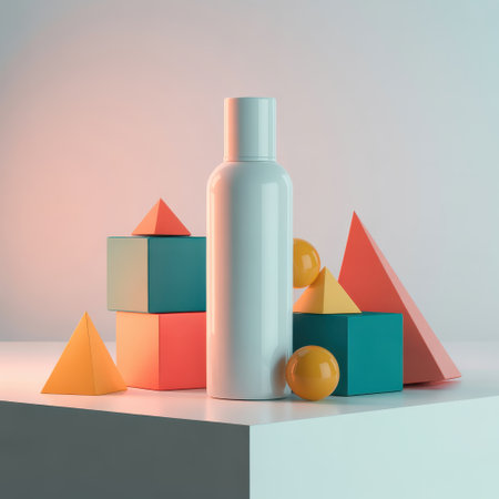 A white bottle stands among colorful geometric shapes and spheres in a studio setting with soft lighting.の素材