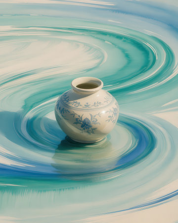 A white ceramic vase with blue floral designs sits on a surface with swirling patterns of turquoise and white paint.の素材
