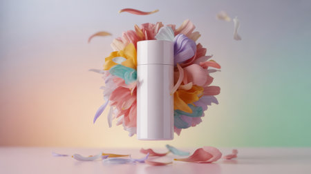A white cosmetic bottle is centered, encircled by a vibrant halo of pastel flower petals. Scattered petals drift around the bottle and on the surface below.の素材