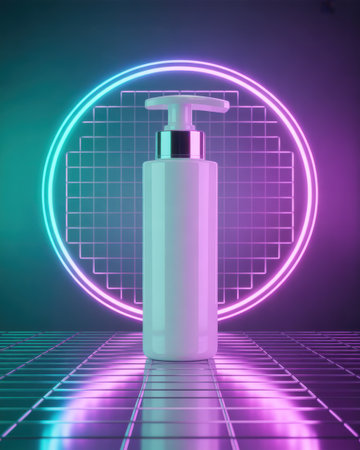 A white pump bottle stands on a reflective grid surface under a glowing neon circle with purple and teal lighting.の素材