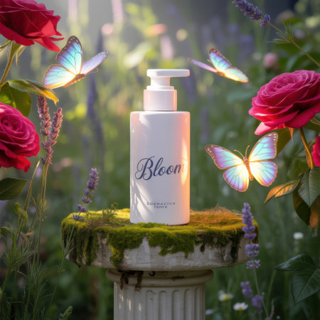 A white pump bottle with "Bloom" text sits on a moss-covered pedestal surrounded by pink roses, lavender, and iridescent butterflies.の素材