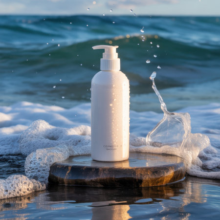 A white pump bottle with water droplets sits on a dark stone by the ocean. Waves and foam surround the bottle with water splashing.の素材