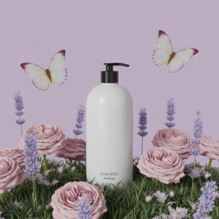 A white pump bottle stands in green grass surrounded by pink roses and lavender flowers with butterflies flying around on a purple background.の素材