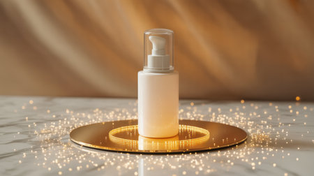 A white cosmetic pump bottle rests on a gold disc surrounded by scattered golden lights and bokeh.の素材