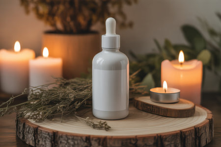 A white dropper bottle with a blank label sits on a wood slice surrounded by lit candles and dried herbs.の素材