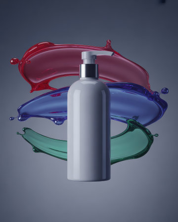 A white pump bottle is centered against a dark background with dynamic red, blue, and green liquid splashes.の素材