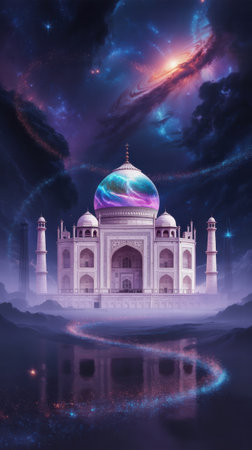 A white marble Taj Mahal monument stands reflected in water under a swirling cosmic nebula with vibrant purple blue and orange hues.の素材