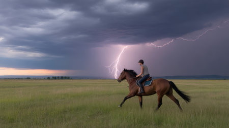 A woman rides a horse through a grassy field as lightning strikes in the dramatic, stormy sky.の素材