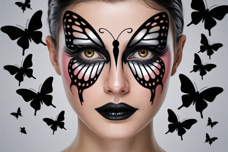 A woman's face is adorned with intricate black and white butterfly wing makeup, complemented by pink blush and dark lipstick. Black butterfly silhouettes float around her head.の素材