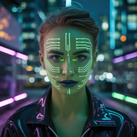 A woman's face is illuminated with glowing green circuit board patterns against a blurred, neon-lit futuristic city background.の素材