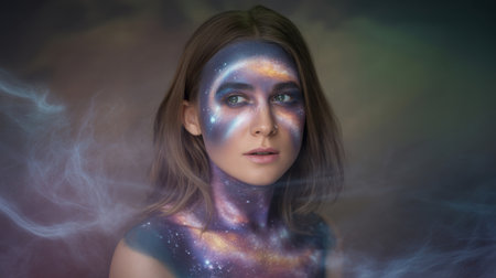 A woman's face and neck are painted with a galaxy pattern featuring stars and nebulae in blues purples and gold against a dark background.の素材