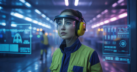 Woman in protective gear with futuristic holographic displays in a factoryの素材