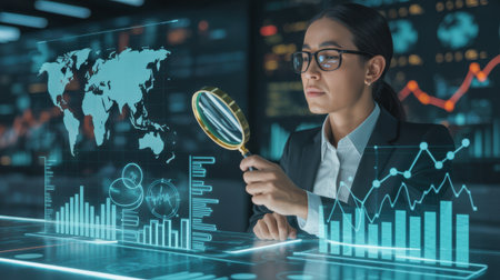 A woman in a suit uses a magnifying glass to examine a futuristic digital display of global data and charts.の素材