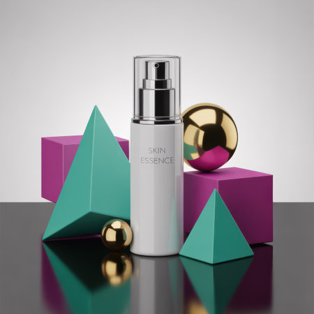 A white skin essence bottle stands amidst teal pyramids, magenta cubes, and gold spheres on a reflective surface.の素材