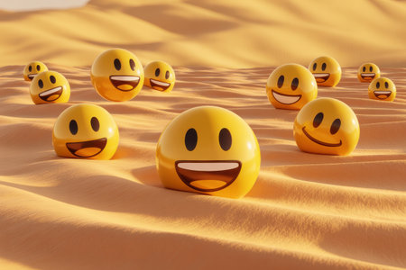 Yellow smiley face emojis are scattered across undulating sand dunes under warm sunlight, casting soft shadows.の素材