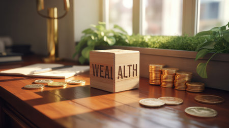A wooden cube with "WEALTH" carved into it sits on a desk with gold coins and a notebook.の素材