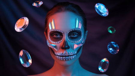 A woman with skull-like makeup adorned with gemstones and crystals is illuminated by dramatic red and blue lighting.の素材