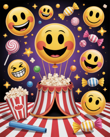 Yellow smiley face balloons float above a red and white striped circus tent filled with popcorn. Assorted candies and stars are scattered around the festive scene.の素材