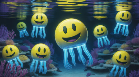 Yellow smiley face jellyfish with glowing blue tentacles swim among colorful purple and pink coral formations in a dark underwater environment.の素材