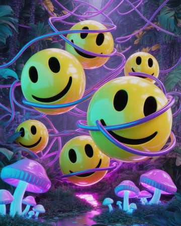 Yellow smiley faces are suspended by purple and blue neon vines in a surreal forest with glowing purple mushrooms and lush green foliage.の素材