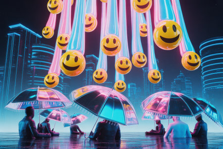 Yellow smiley faces fall from above onto people holding transparent umbrellas in a neon-lit city at night. Reflections shimmer on the wet ground.の素材