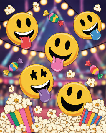 A vibrant illustration featuring yellow smiley faces with colorful tongues extended, surrounded by candies, popcorn, and blurred string lights.の素材