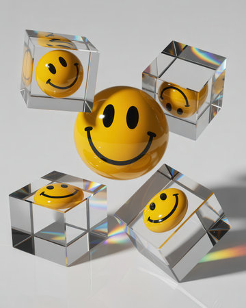 Yellow smiley faces are depicted inside and outside clear glass cubes, with rainbow light refractions scattered across the clean white surface.の素材
