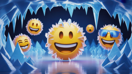 Yellow emojis with ice shards and one wearing sunglasses are in a frozen cave with blue icicles and icy landscape.の素材