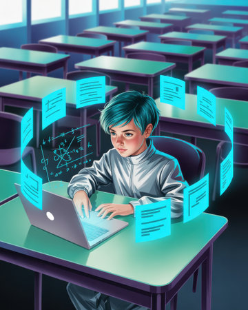 A young student in a classroom uses a laptop with holographic displays showing educational content.の素材