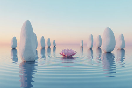 A serene zen garden scene with a pink lotus flower floating on rippling water surrounded by smooth white stones under a pastel sunrise sky.の素材