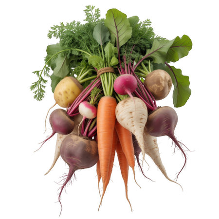 A bunch of fresh root vegetables including carrots beets radishes and parsnips tied together with green leaves on a white backgroundの素材