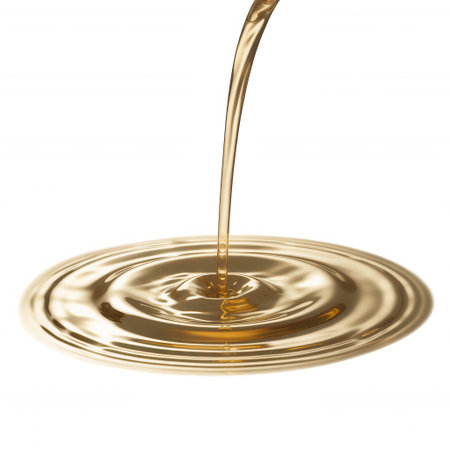A stream of viscous golden liquid pours onto a surface creating concentric ripples and waves.の素材