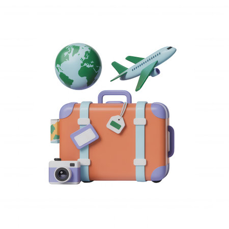 A 3D render shows an orange suitcase with blue and purple accents. A globe, airplane, and camera are positioned around it on a white background.の素材