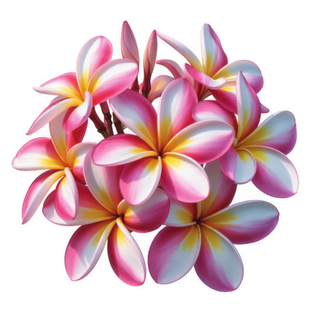 A cluster of pink white and yellow plumeria flowers with delicate petals and buds against a white background.の素材