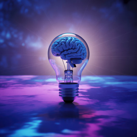 A digital of a glowing blue brain inside a light bulb with a purple and blue background, creating a futuristic and abstract representation of intelligence and innovation.の素材