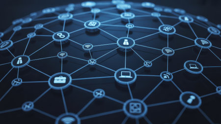 A digital representation of a blue network with interconnected nodes and various symbolizing technology and connectivity.の素材