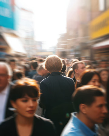 A bustling urban street scene with a crowd of people walking, captured with motion blur and sunlight creating a dynamic and lively atmosphere. The focuses on the back of a person in a dark jacket...の素材