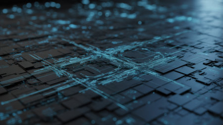 A closeup view of a digital circuit board with glowing blue electronic pathways and components forming an intricate network of connections and nodesの素材