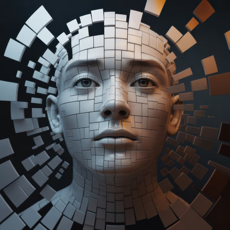 A 3D rendered digital mosaic face composed of fragmented geometric blocks with gradient lighting effects creating a futuristic and artistic appearance.の素材