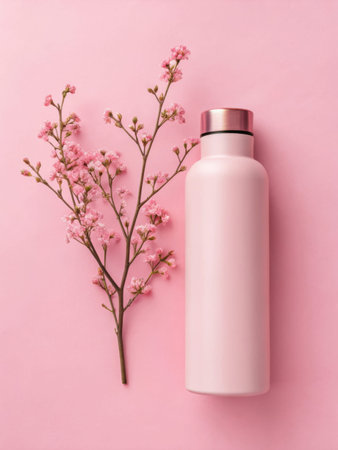 Pink bottle with delicate pink flowers on a soft pink backgroundの素材