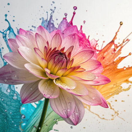 Vibrant dahlia flower explodes with colorful water splashesの素材