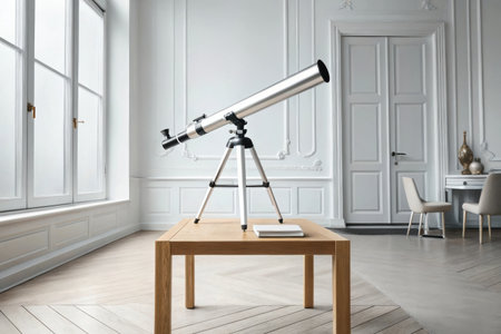 Telescope on wooden table in modern room. Space research conceptの素材
