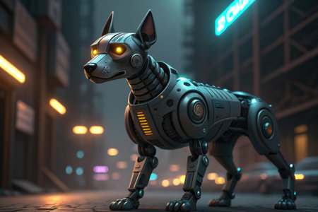 Futuristic robot in the city at night. 3D rendering.の素材