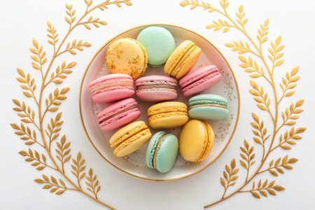 Macaroons in a plate on a white background with gold leaves.の素材